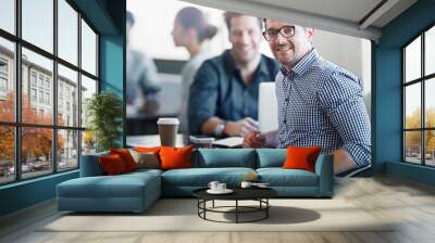 Meeting, coffee and portrait of business man in cafeteria for planning, conversation and talking. Professional, collaboration and men in restaurant on computer for feedback, review and discussion Wall mural