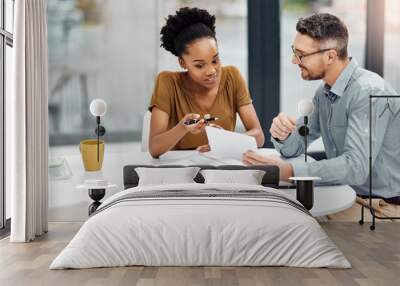 Meeting, woman and man with tablet in office for connection, communication and discussion. Businesspeople, coworkers and technology in talking for information, internet and online as project manager Wall mural