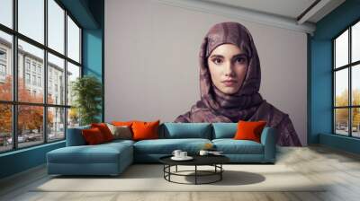 Muslim, portrait and fabric with woman in studio for islamic style, arabic culture and modest clothes. Raya, eid Mubarak celebration and fashion with person on grey background for oriental mockup Wall mural