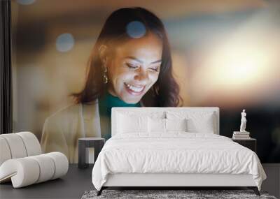 Night, business and woman with a tablet for typing or internet search with online connection. Reading, website and information with person or tech consultant employee for digital app or data analysis Wall mural