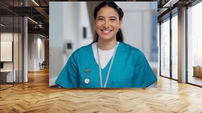 Nurse, portrait and pride in hospital for healthcare, confidence and professional. Doctor assistant, happy and trust in gynecology clinic for wellness, medicine and government services in Brazil Wall mural