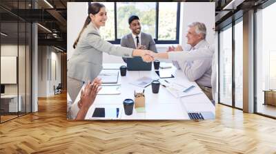 Office, handshake and business people with agreement for teamwork, partnership and networking. B2b, deal and professional employee with thank you, welcome and support in cooperation in workplace Wall mural