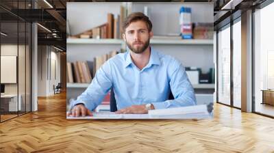 Office, portrait and man at desk with blueprint, confidence and paperwork for design project management. Architect, businessman or professional with creative ideas, floor plan or business development Wall mural