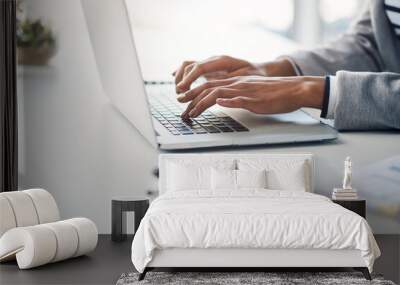 Office, typing and hands of woman at laptop for research, business review or online report at agency. Budget, planning and consultant at desk with computer, networking and financial risk management Wall mural