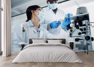 People, mask or scientists on tablet for test tube results, life extension or antiaging medicine in laboratory. Teamwork, vial or biologists with chemistry research, liquid or science info update Wall mural