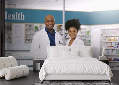 Pharmacist, portrait and team with tablet for pharmaceutical stock, medical service or inventory at pharmacy. Black man, woman or health employees with technology for online assistance at dispensary Wall mural