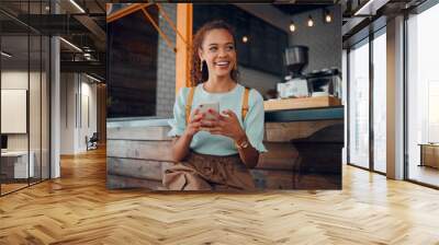 phone, social media and coffee shop with a woman customer thinking of an idea while sitting at a cou Wall mural