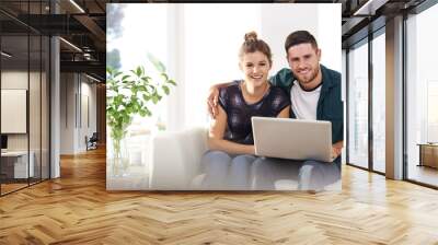 Planning, portrait or happy couple on laptop for property, reading online article on interior design website. Hug, house rental option or people on technology for renovation choice or loan in Germany Wall mural