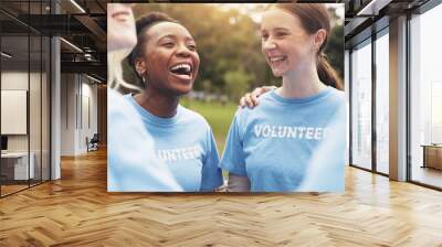 Planning, volunteer and team of happy people in park together meeting for sustainable green project. Smile, men and women in circle for outdoor charity, community care and social responsibility Wall mural