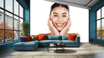 Png background, natural beauty and a happy woman with self love portrait while isolated for health and cosmetic wellness. Dermatology, facial and smiling hispanic lady touching soft and smooth skin Wall mural