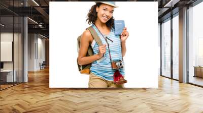 PNG of a young woman holding her passport ready to travel isolated on a PNG background. Wall mural