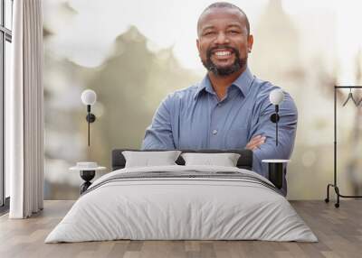 Portrait, confidence and mature black man outside with smile, opportunity or experience in management. Support, advisor or senior business consultant with outsourcing solution, growth and development Wall mural