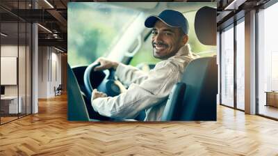 Portrait, driver or delivery man with smile for safety on cargo, stock or package in van in shipping business. Parcel order, car or happy courier driving in transportation for supply chain or freight Wall mural