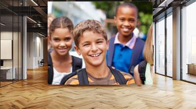 Portrait, education and students with boy at school for learning, growth and future development. Kids, knowledge and youth with child studying at STEM academy for class, montessori and campus Wall mural