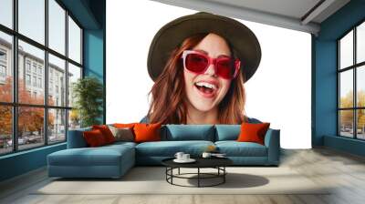 Portrait, fashion and sunglasses with a model woman on an isolated and transparent png background for a brand. Face, style and hat with an attractive young female posing to promote trendy clothes Wall mural