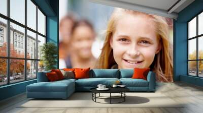 Portrait, future and smile with girl at school for learning, growth and education development. Students, knowledge and youth with child studying at STEM academy for class, montessori and campus Wall mural