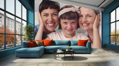 Portrait, grandmother and family with hug on couch for love, support and care in lounge on holiday. Mom, daughter and together with happiness for mothers day, relationship and connection in house Wall mural