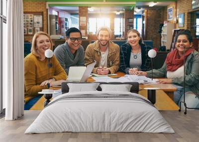 Portrait, group and people in library for study with university, education and scholarship for learning together. Books, online research and students on campus with team project, knowledge and growth Wall mural