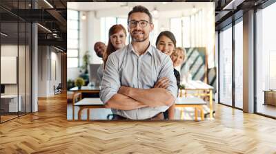 Portrait, group and people with confidence in office for collaboration, leadership or about us of partnership. Smile, diversity and arms crossed for teamwork, career opportunity or support of company Wall mural