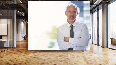 Portrait, mature businessman or ceo with pride for company project, corporate experience and happy. Professional manager, male executive and smile in office, arms crossed and boss in Canada Wall mural