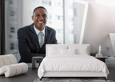 Portrait, notes and black man in office, desk and happy for case, online and bankruptcy lawyer with notebook. Legal, research and intern in law firm, writing and attorney with smile with computer Wall mural