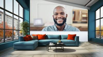 Portrait, office and black man at desk, computer and employee at corporate company. Technology, lawyer and smile for happy male person, attorney and law firm for business research for legal case Wall mural