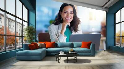 Portrait, smile and businesswoman with laptop, confidence and consulting business for online research agency. Planning, networking and happy woman with computer, financial administration and office Wall mural