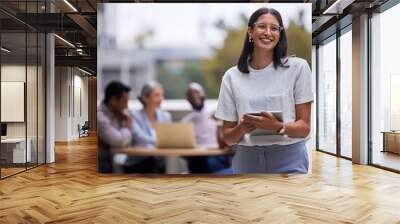 Portrait, tablet and woman with team on balcony for collaboration, leadership or confidence. Smile, meeting and female designer with digital technology by business people in discussion on rooftop. Wall mural