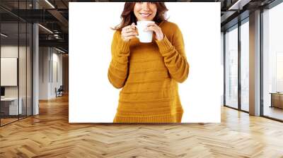 Portrait of a happy woman drinking coffee while relaxing isolated on a transparent, png background. tea, hot beverage and smiling female relaxing with a cafe drink for health and wellness with peace Wall mural