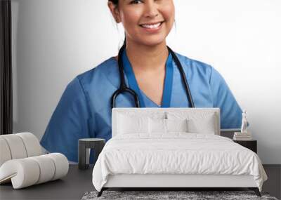 Portrait of a young doctor using a tablet and wearing a stethoscope Isolated on a PNG background. Wall mural