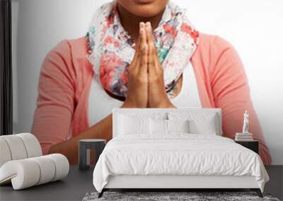 Praying, happy and portrait of woman in studio for faith, belief and religion with gratitude. Meditation, Christian and isolated person with hands for prayer, worship and hope on white background Wall mural