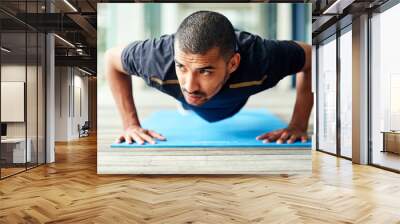 Push up, man and yoga mat for exercise, training and wellness outdoor for fitness or body care. Strong, athlete and commitment for workout, sports and physical activity with male person for health Wall mural