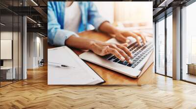 Remote work, typing or hands of woman at laptop for contact, communication or diary for schedule at home. Female writer, tech or feedback on internet for email, response and manager of online company Wall mural