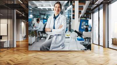 Scientist, portrait of woman and arms crossed in lab for research, experiment or chemical test. Medical, study and biochemist with confidence for investigation, molecule structure or gene therapy Wall mural