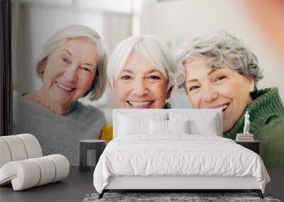 Selfie, fun and senior woman friends happy in a home for a visit during retirement together. Portrait, smile and social media profile picture with a group of old people in a house for bonding Wall mural