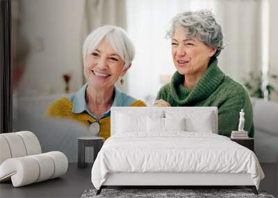 Selfie, fun and senior woman friends in a home for a visit during retirement together while looking happy. Social media, profile picture and smile with a group of elderly people bonding in a house Wall mural