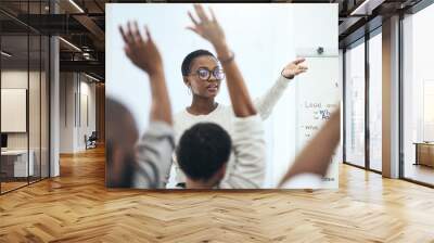 Seminar, question and black woman in presentation, speaker and training for audience in meeting. Public relations, publicist and female employee in event with team, group and glasses for person Wall mural