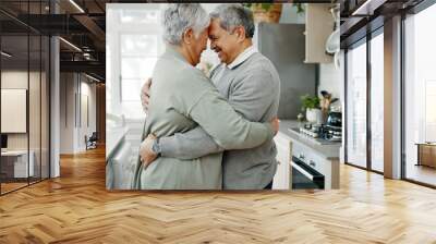 Senior couple, dance and hug in house for love, care and romantic connection with marriage commitment. Elderly people, smile and embrace in home for support, bonding and relationship with loyalty Wall mural