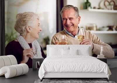 Senior couple, dinner and laughing in home for anniversary, date or retirement with love in marriage. Elderly, people and eating together with wine and happy for romance, relationship or bonding Wall mural