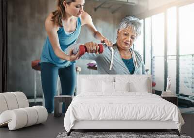 Senior woman, weights and helping with coach in gym for physio, arm exercise and rehabilitation on ball. Old female patient, instructor and workout equipment for arthritis with balance and dumbbells Wall mural