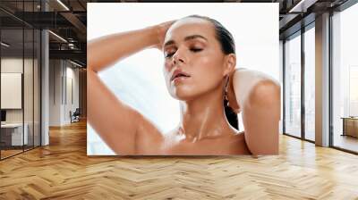 Skincare, shower and woman in bathroom in home for health, hygiene and relax for morning routine. Beauty, wet and girl cleaning for wellness, natural dermatology and fresh with eyes closed for peace Wall mural