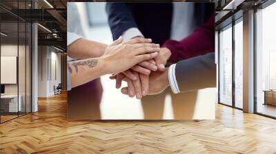 Stack, diversity and hands of business people in office for support, agreement and collaboration. Professional, corporate and men and women with gesture for teamwork, huddle and staff solidarity Wall mural