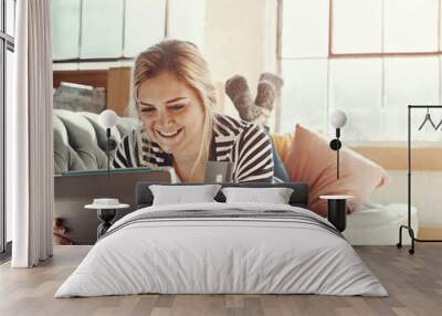 Tablet, ecommerce and payment of girl with credit card on sofa for banking details on card. Relaxed woman on home couch with happy and satisfied smile for online shopping purchase transaction Wall mural