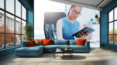 Tablet, writing and woman with plan in office, research or virtual assistant with schedule or meeting. Glasses, notebook and secretary with concentration, online or employee with journal or corporate Wall mural