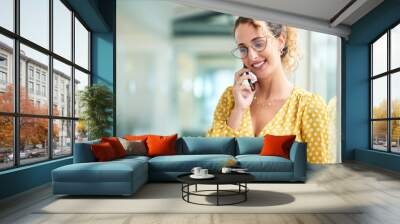 Talking, phone call and business woman in office with smile for communication, conversation or client feedback. Contact, advertising agency and employee with mobile for discussion, proposal or deal Wall mural