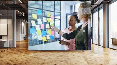 Teamwork, planning or business women in office for solution, collaboration or goal objectives. Schedule, calendar or manager with storyboard notes for growth motivation, target or creative training Wall mural