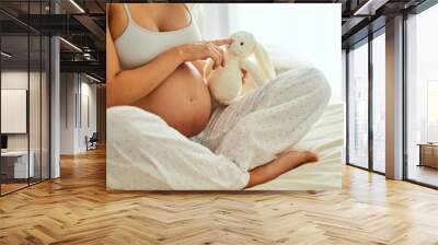 Teddy bear, pregnancy and woman on bed in home for prenatal bonding, connection or care with baby. Plush bunny toy, relax and pregnant female person in bedroom for maternity health at apartment. Wall mural