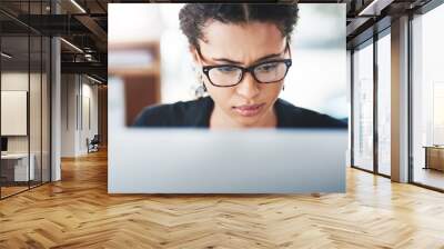 Thinking, worry and business woman with laptop in office confused by report, feedback or review. Questions, unsure and girl manager with reading glasses for online, glitch or concerned by 404 error Wall mural