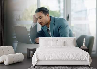 Tired, sleeping and business man on computer with deadline, report and bad time management at office desk. Exhausted worker, employee or lawyer reading on his laptop with burnout, fatigue and stress Wall mural