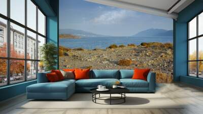 Turkey, Mediterranean sea and horizon in nature for wallpaper, seascape and travel to Europe. Wilderness, ocean and clean with growth for environment care, landscape and water at coastline in Bodrum Wall mural